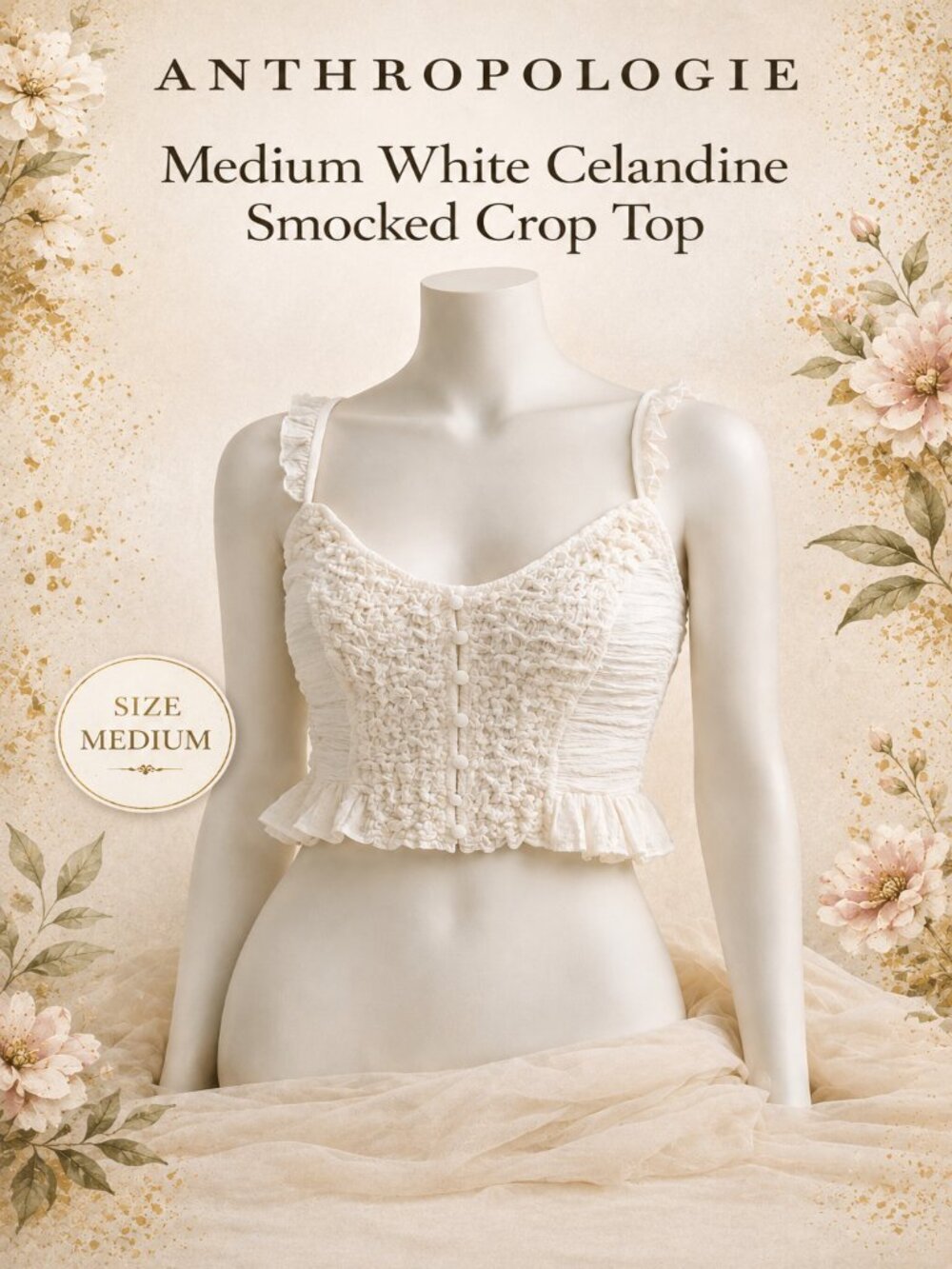 Anthropologie Celandine Smocked Crop Top White Medium Ruffle Boho NWT
